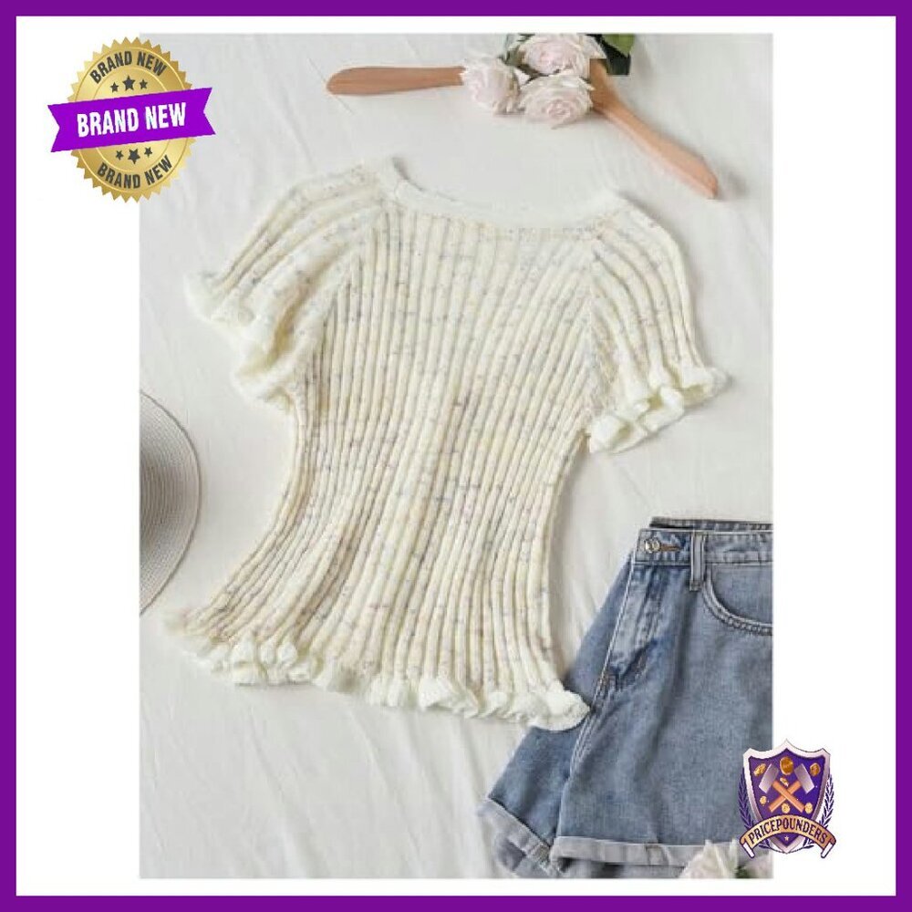 Pearl Beaded Short Sleeve Sweater V-Neck Ruffle Trim Knit Top - Picture 3 of 5